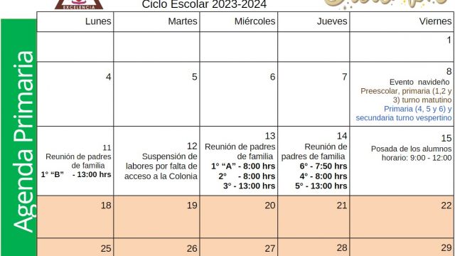 Centro Educativo Miguel Lara Vasallo Agenda Primaria Diciembre 2023