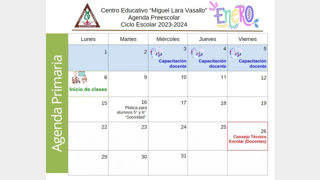 Centro Educativo Miguel Lara Vasallo Agenda Primaria Enero 2024