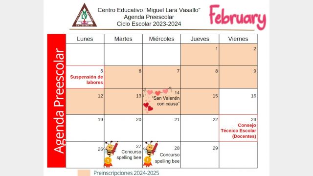 Centro Educativo Miguel Lara Vasallo Agenda Febrero 2024 Preescolar