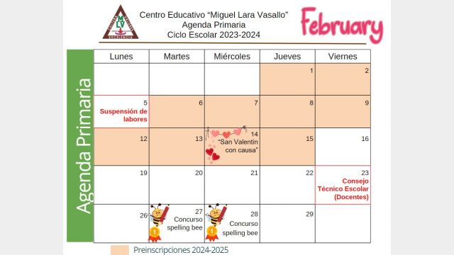 Centro Educativo Miguel Lara Vasallo Agenda Febrero 2024 Primaria