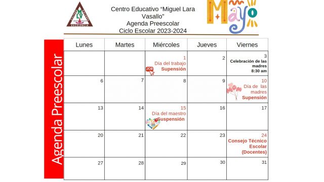 Centro Educativo Miguel Lara Vasallo Agenda Preescolar Mayo 2024