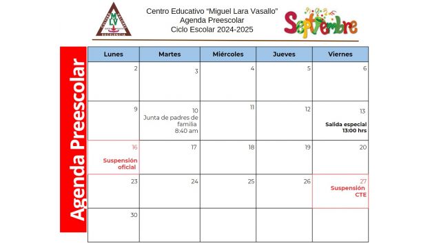 Centro Educativo Miguel Lara Vasallo Agenda Preescolar Septiembre 2024