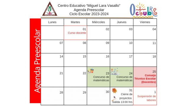 Centro Educativo Miguel Lara Vasallo Agenda Preescolar Octubre 2024