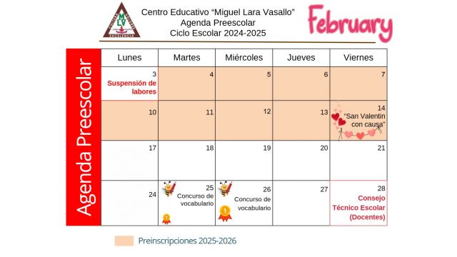 Centro Educativo Miguel Lara Vasallo Agenda Preescolar Febrero 2025