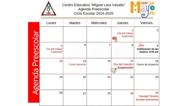 Centro Educativo Miguel Lara Vasallo Agenda Preescolar Mayo 2025