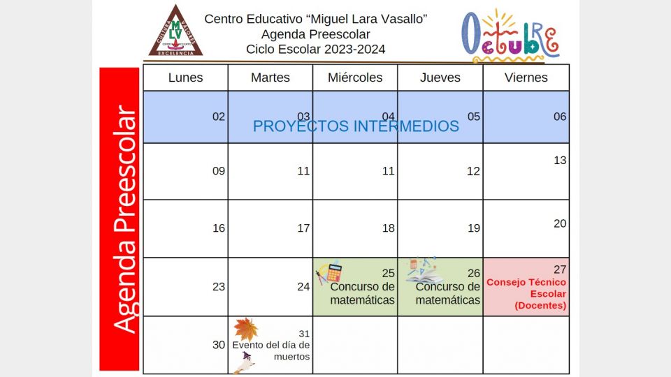 Angenda Preescolar Octubre 2023 - Centro Educativo Miguel Lara Vasallo