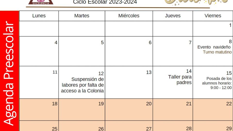 Agenda Preescolar Diciembre 2023 - Centro Educativo Miguel Lara Vasallo