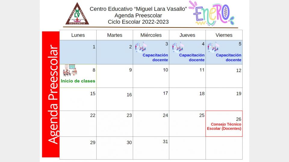 Agenda Preescolar Enero 2024 - Centro Educativo Miguel Lara Vasallo