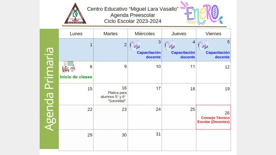 Agenda Primaria Enero 2024 - Centro Educativo Miguel Lara Vasallo