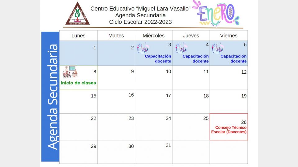 Agenda Secundaria Enero 2024 - Centro Educativo Miguel Lara Vasallo