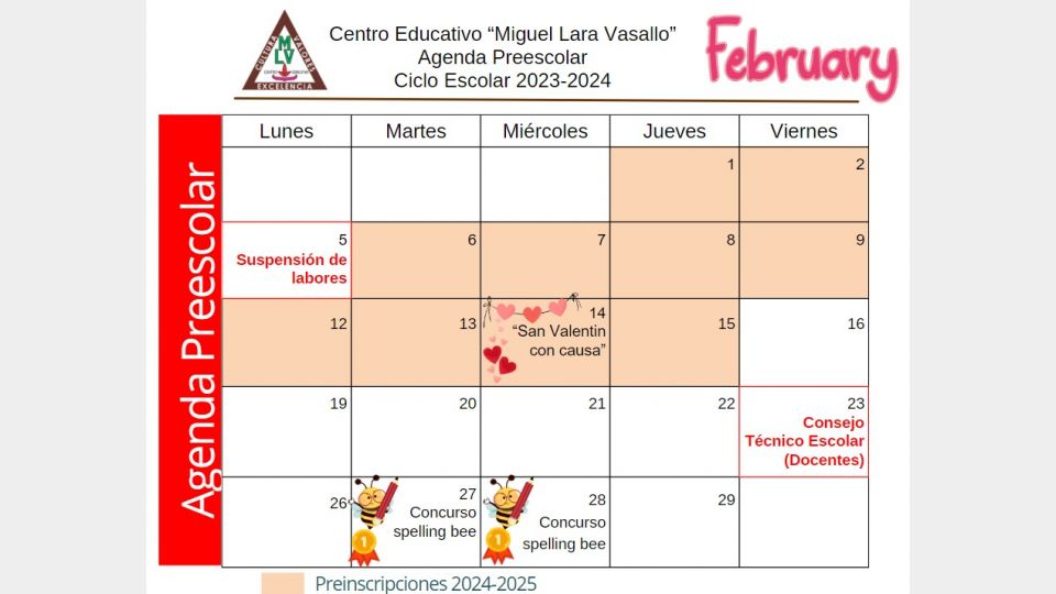 Agenda Febrero 2024 Preescolar - Centro Educativo Miguel Lara Vasallo