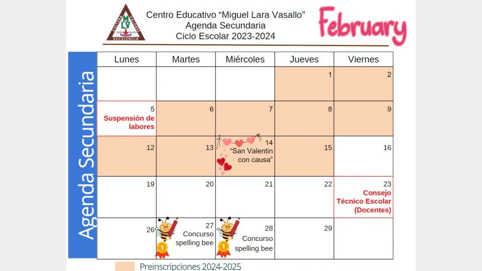 Agenda Febrero 2024 Secundaria - Centro Educativo Miguel Lara Vasallo