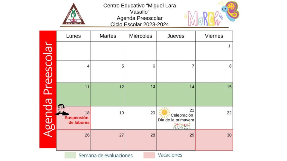 Agenda Preescolar Marzo 2024 - Centro Educativo Miguel Lara Vasallo
