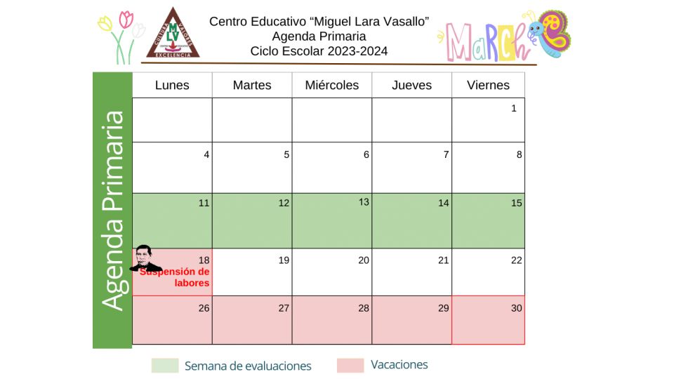 Agenda Primaria Marzo 2024 - Centro Educativo Miguel Lara Vasallo
