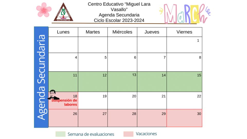Agenda Secundaria Marzo 2024 - Centro Educativo Miguel Lara Vasallo