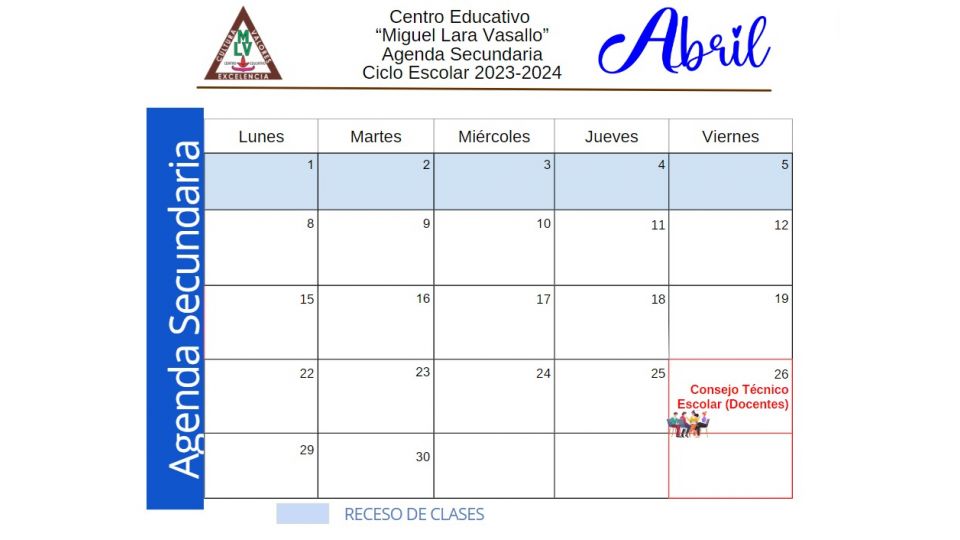 Agenda Secundaria Abril 2024 - Centro Educativo Miguel Lara Vasallo