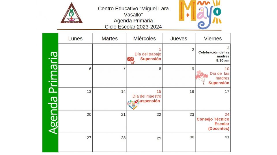 Agenda Primaria Mayo 2024 - Centro Educativo Miguel Lara Vasallo