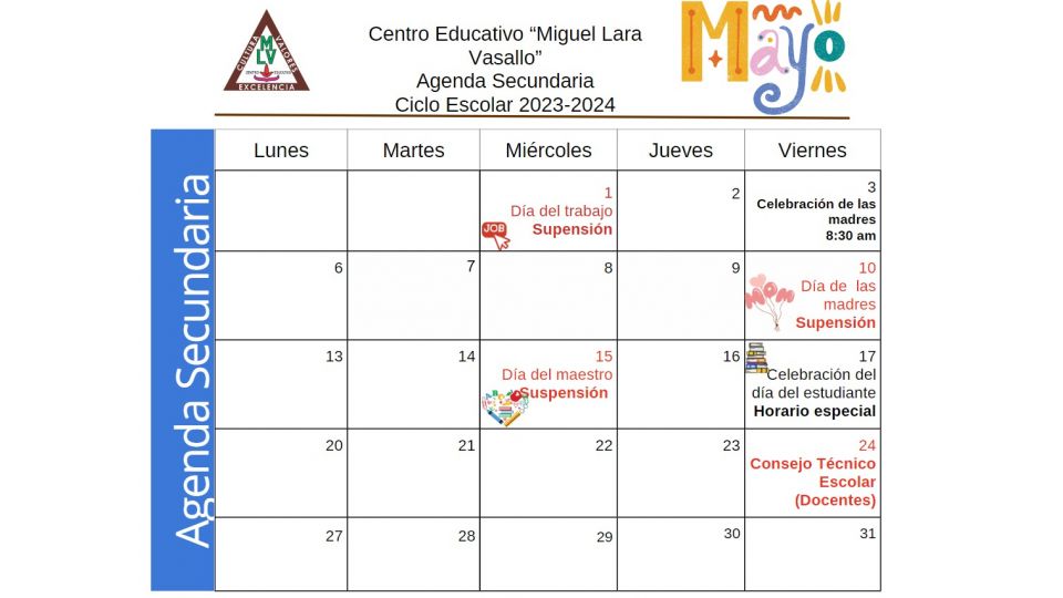 Agenda Secundaria Mayo 2024 - Centro Educativo Miguel Lara Vasallo