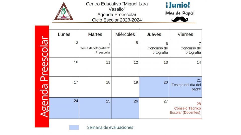 Agenda Junio 2024 Preescolar - Centro Educativo Miguel Lara Vasallo