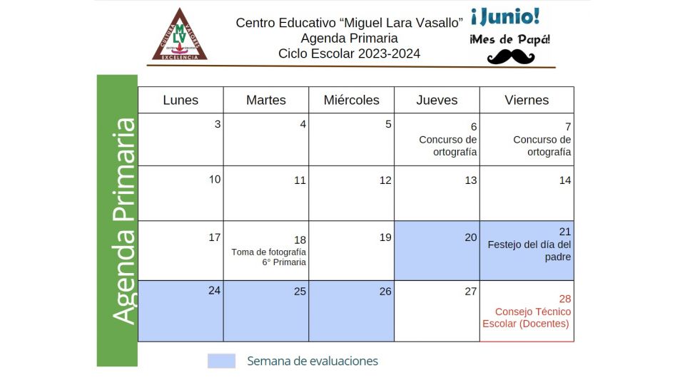 Agenda Primaria Junio 2024 - Centro Educativo Miguel Lara Vasallo