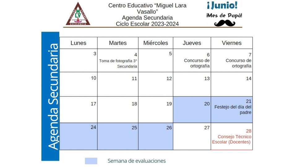 Agenda Secundaria Junio 2024 - Centro Educativo Miguel Lara Vasallo