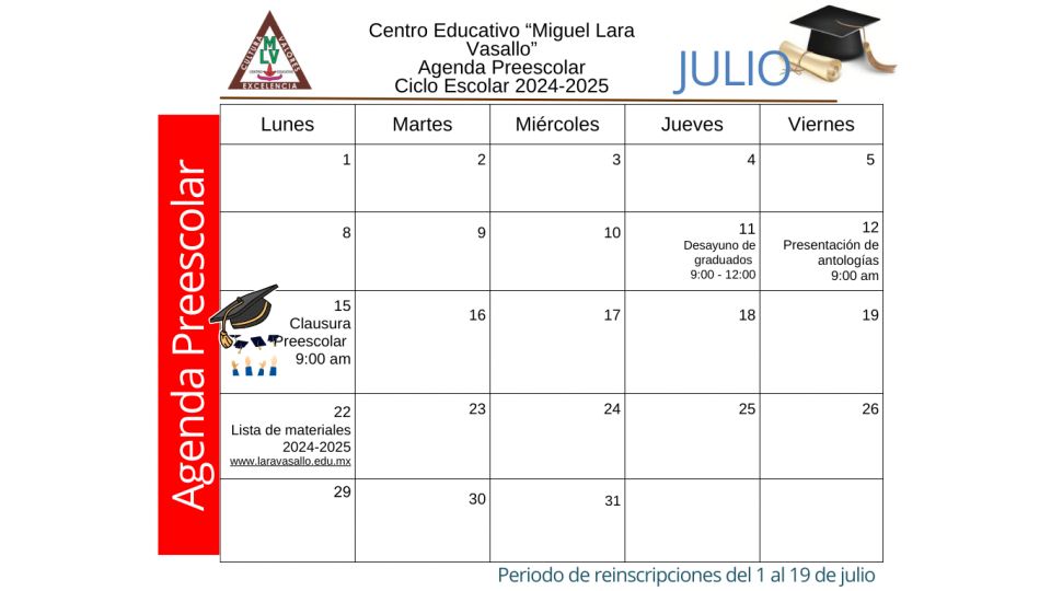 Agenda Julio 2024 Preescolar - Centro Educativo Miguel Lara Vasallo