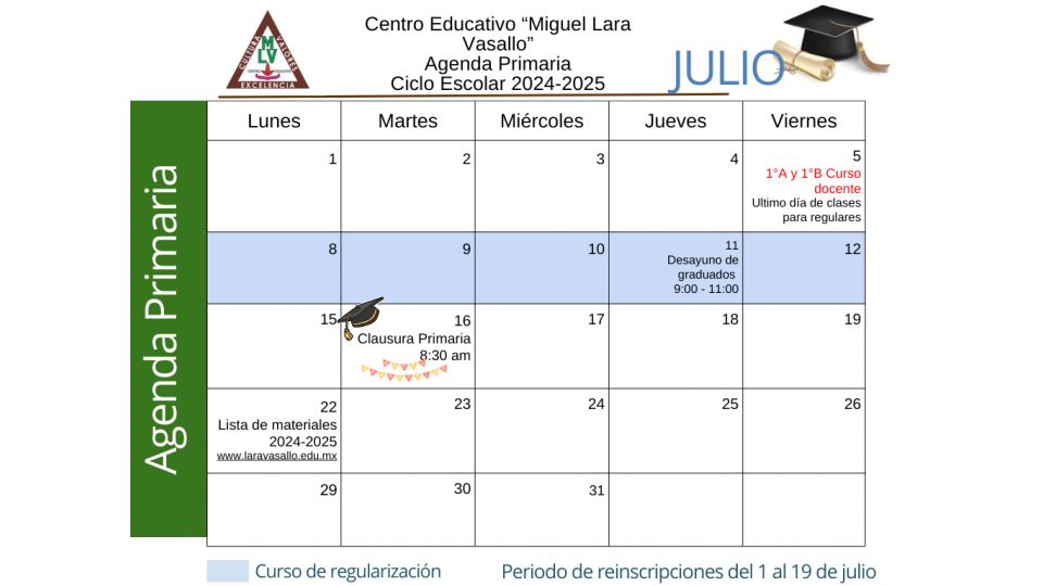 Agenda Julio 2024 Primaria - Centro Educativo Miguel Lara Vasallo
