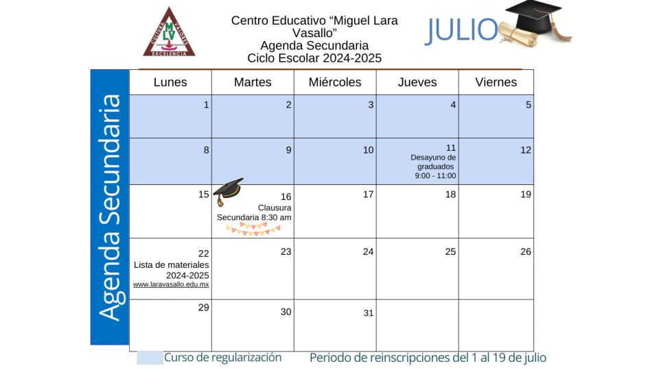 Agenda Julio 2024 Secundaria - Centro Educativo Miguel Lara Vasallo