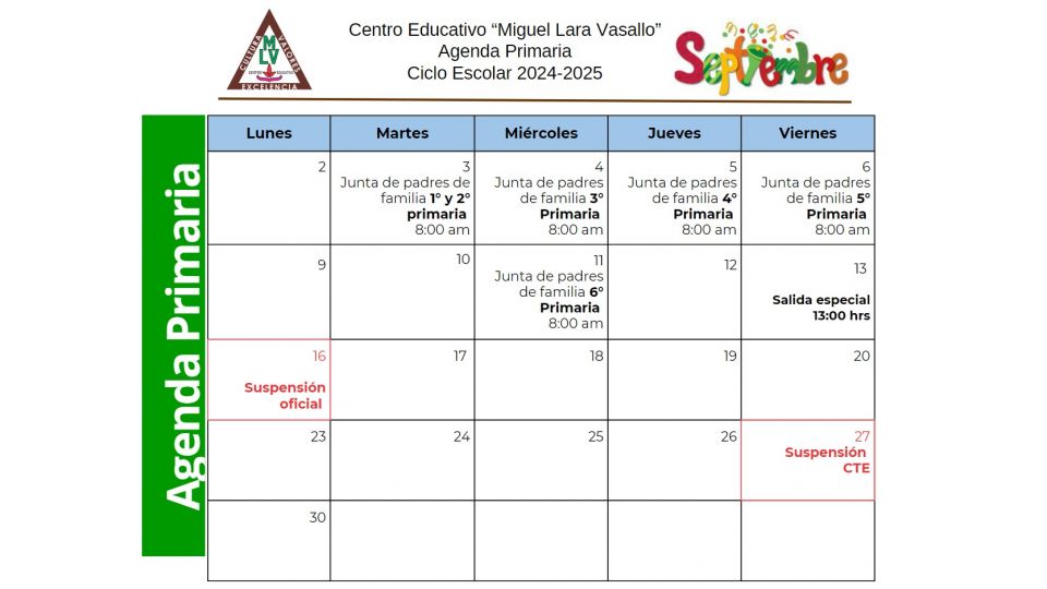 Agenda Primaria Septiembre 2024 - Centro Educativo Miguel Lara Vasallo