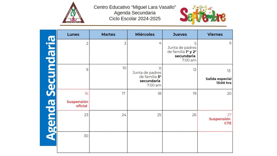 Agenda Secundaria Septiembre 2024 - Centro Educativo Miguel Lara Vasallo