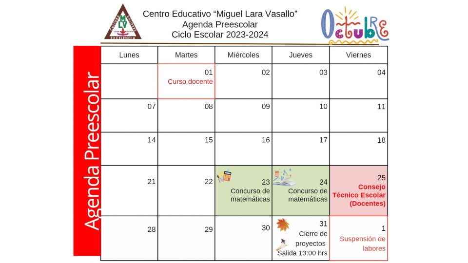 Agenda Preescolar Octubre 2024 - Centro Educativo Miguel Lara Vasallo