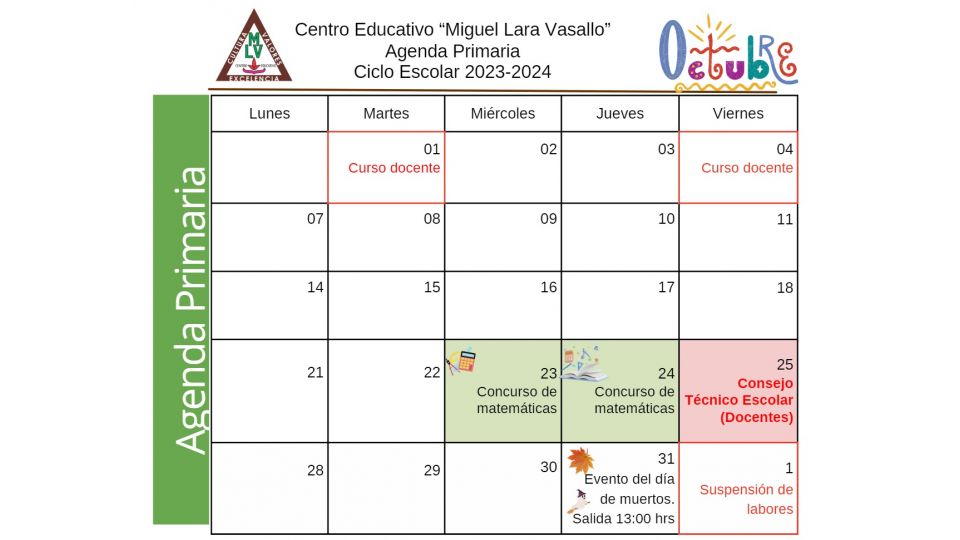 Agenda Primaria Octubre 2024 - Centro Educativo Miguel Lara Vasallo