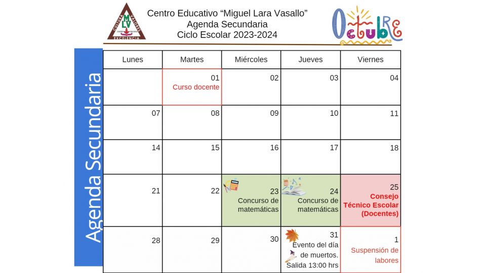 Agenda Secundaria Octubre 2024 - Centro Educativo Miguel Lara Vasallo