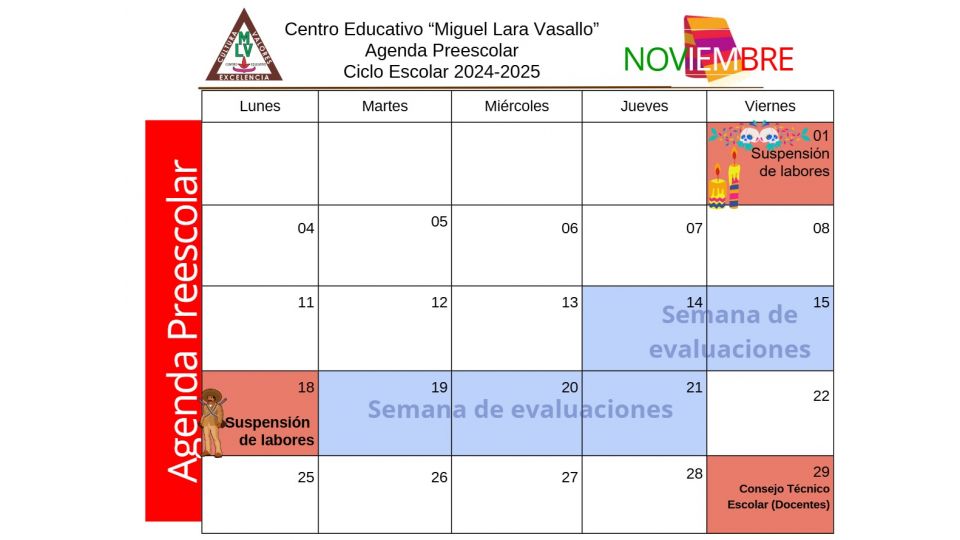 Agenda Preescolar Noviembre 2024 - Centro Educativo Miguel Lara Vasallo