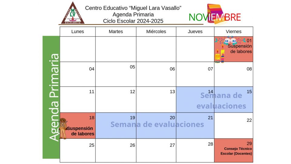 Agenda Primaria Noviembre 2024 - Centro Educativo Miguel Lara Vasallo