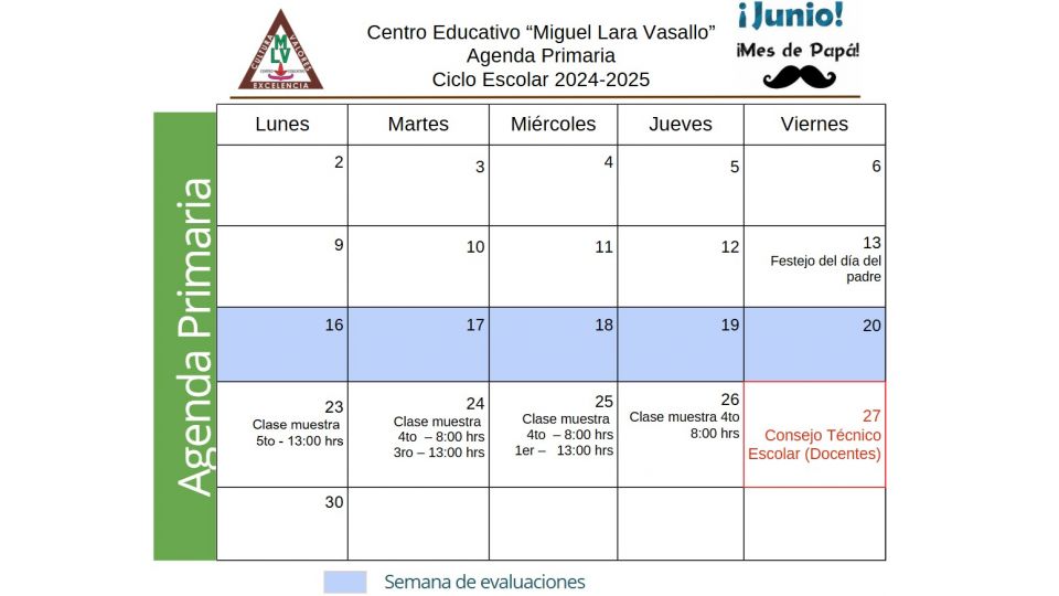 Agenda Junio 2025 Primaria Centro Educativo Miguel Lara Vasallo